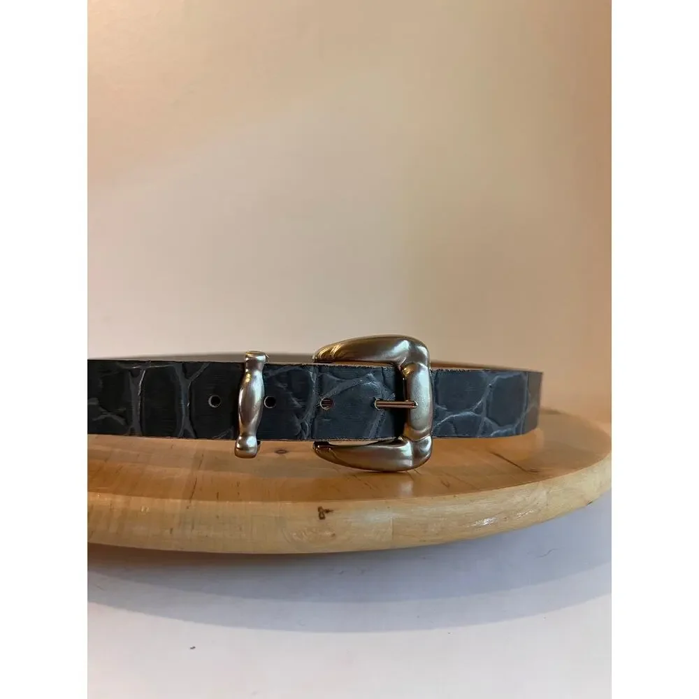 Vintage 90s Gray Vegan Snake Skin Leather Chunky Silver Buckle Belt Size Small